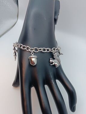 Handmade Silver-tone Squirrel & Acorn Charm Bracelet